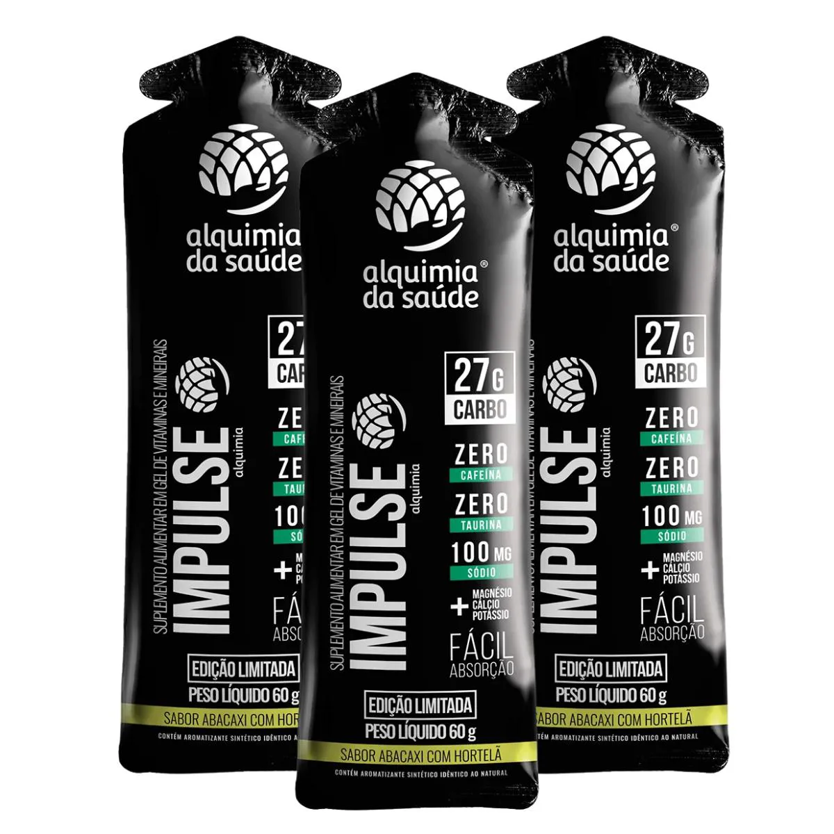 GEL IMPULSE 27G CARBO ALQUIMIA DA SAúDE ABACAXI COM HORTELã 15 UNIDADES 60G