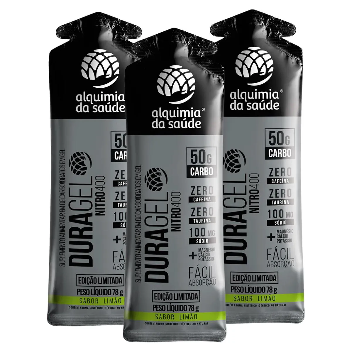 3X DURAGEL BOX 50G CARBO NITRO400 ALQUIMIA DA SAúDE LIMãO 15 UNIDADES 60G