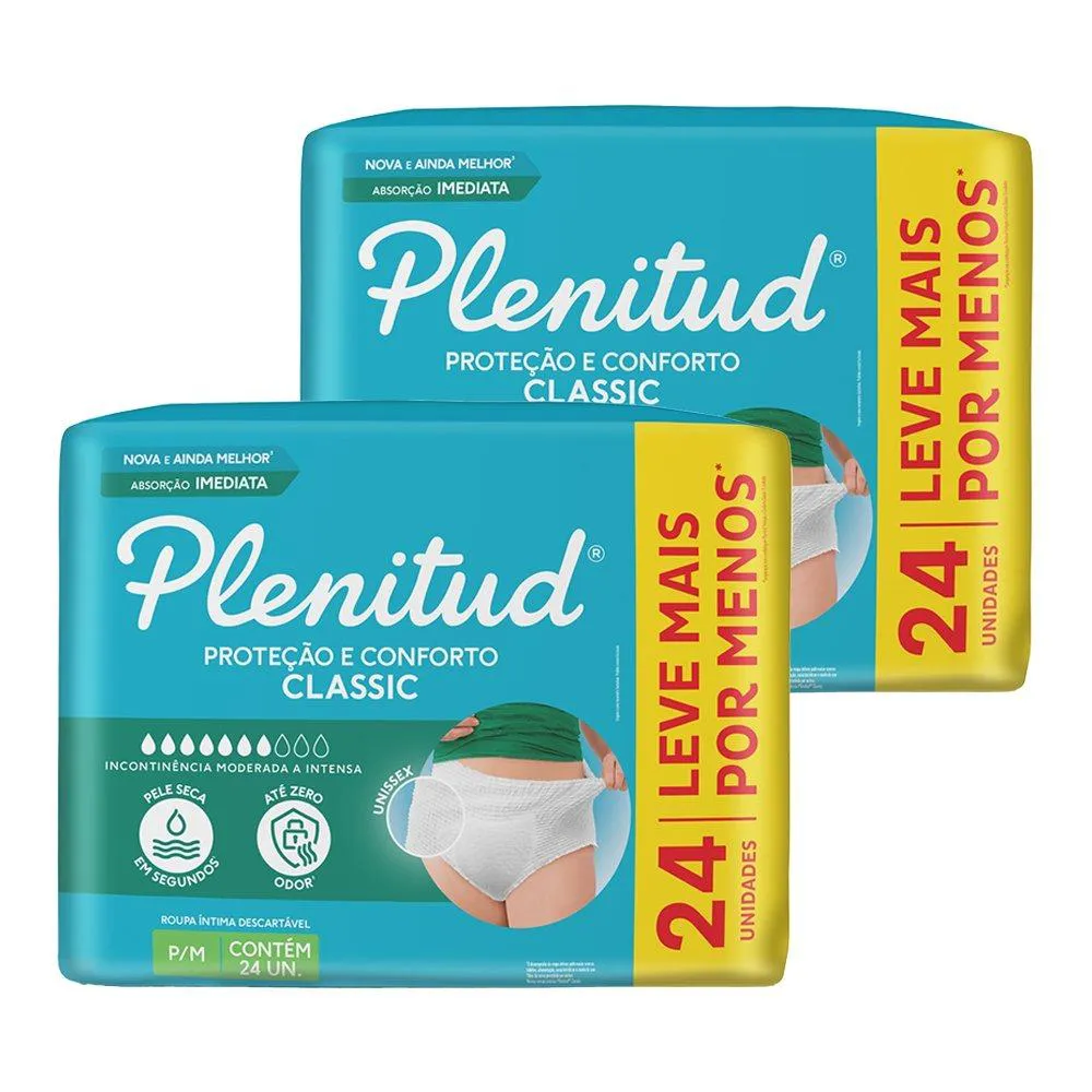 FRALDA DESCARTáVEL PLENITUD CLASSIC INTENSA TAMANHO P/M ROUPA ÍNTIMA - 2 PACOTES COM 24 UNIDADES