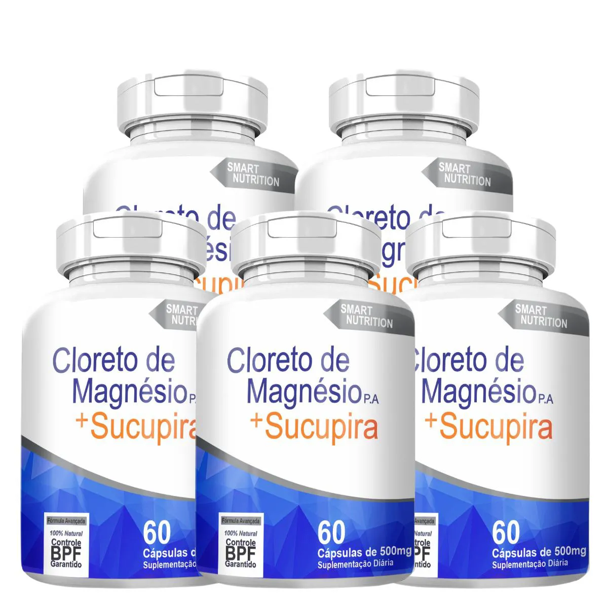 KIT COM 5 POTES CLORETO DE MAGNéSIO P.A COMPOSTO 500MG 60 CáPSULAS