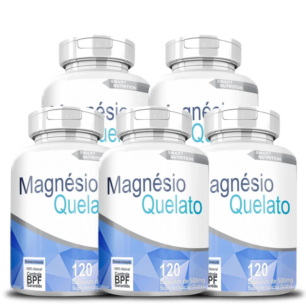 KIT COM 5 POTES MAGNéSIO QUELATO 500MG 120 CáPSULAS