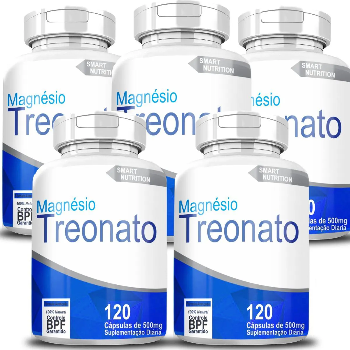 MAGNÉSIO TREONATO KIT COM 5 POTES COM TOTAL DE 600 CAPSULAS