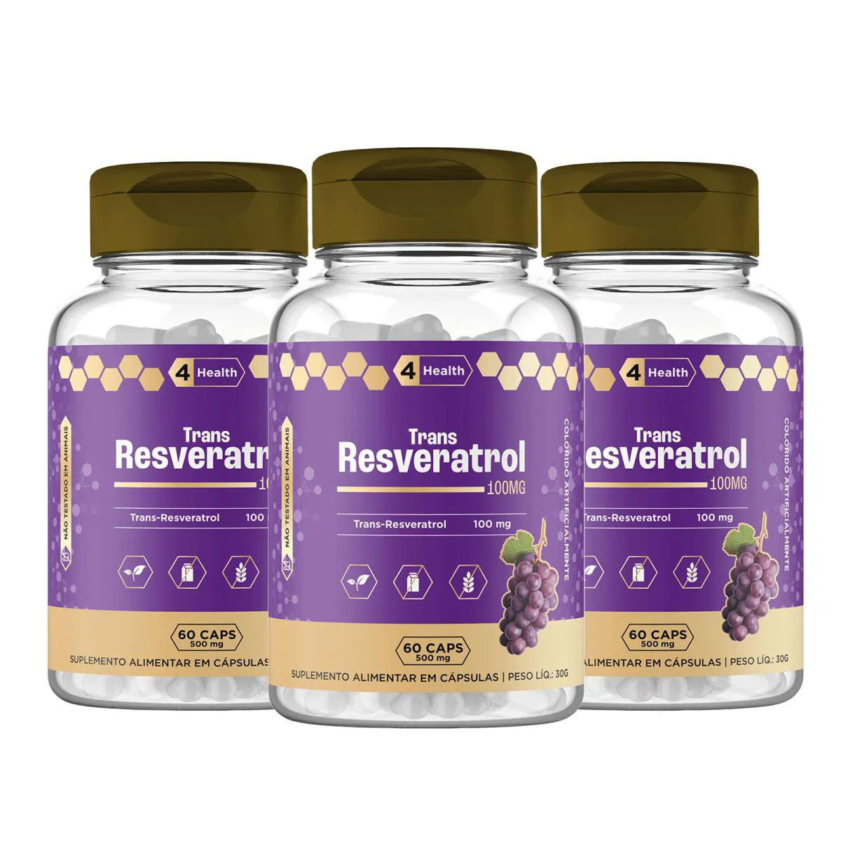 RESVERATROL 100MG 60 CAPSULAS - 4 HEALTH - 3 POTES