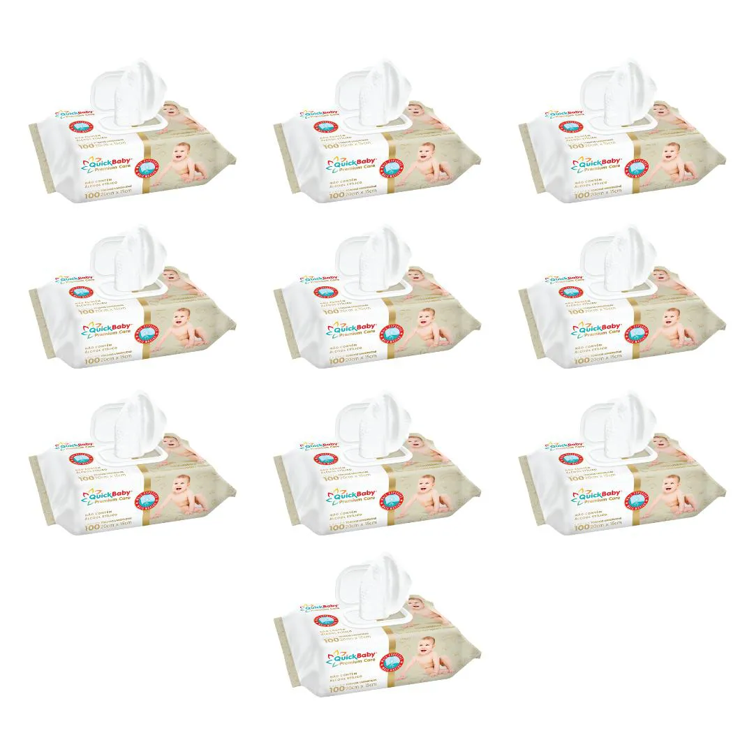 KIT LENçO/TOALHA UMEDECIDA QUICK BABY PREMIUM CARE C/ 1000 UNID. - 10 PACOTES C/ 100 UNID.