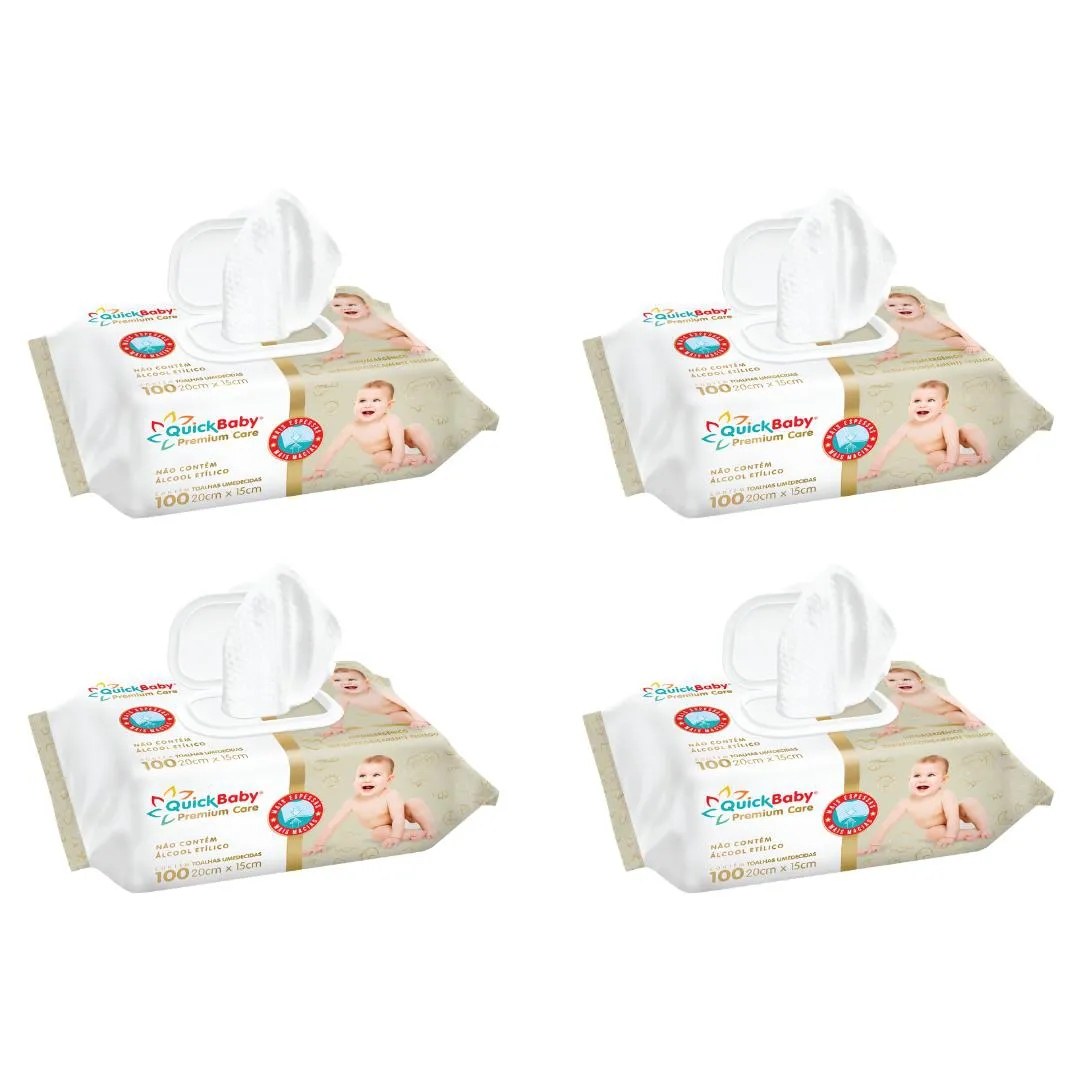 KIT LENçO/TOALHA UMEDECIDA QUICK BABY PREMIUM CARE C/ 400 UNID. - 4 PACOTES C/ 100 UNID.