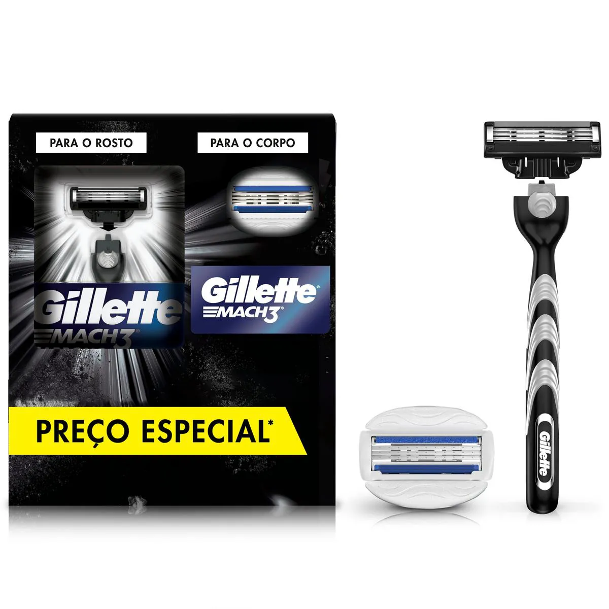 Kit Aparelho de Barbear Descartável Gillette Mach3 Carbono + 1 Refil para Corpo