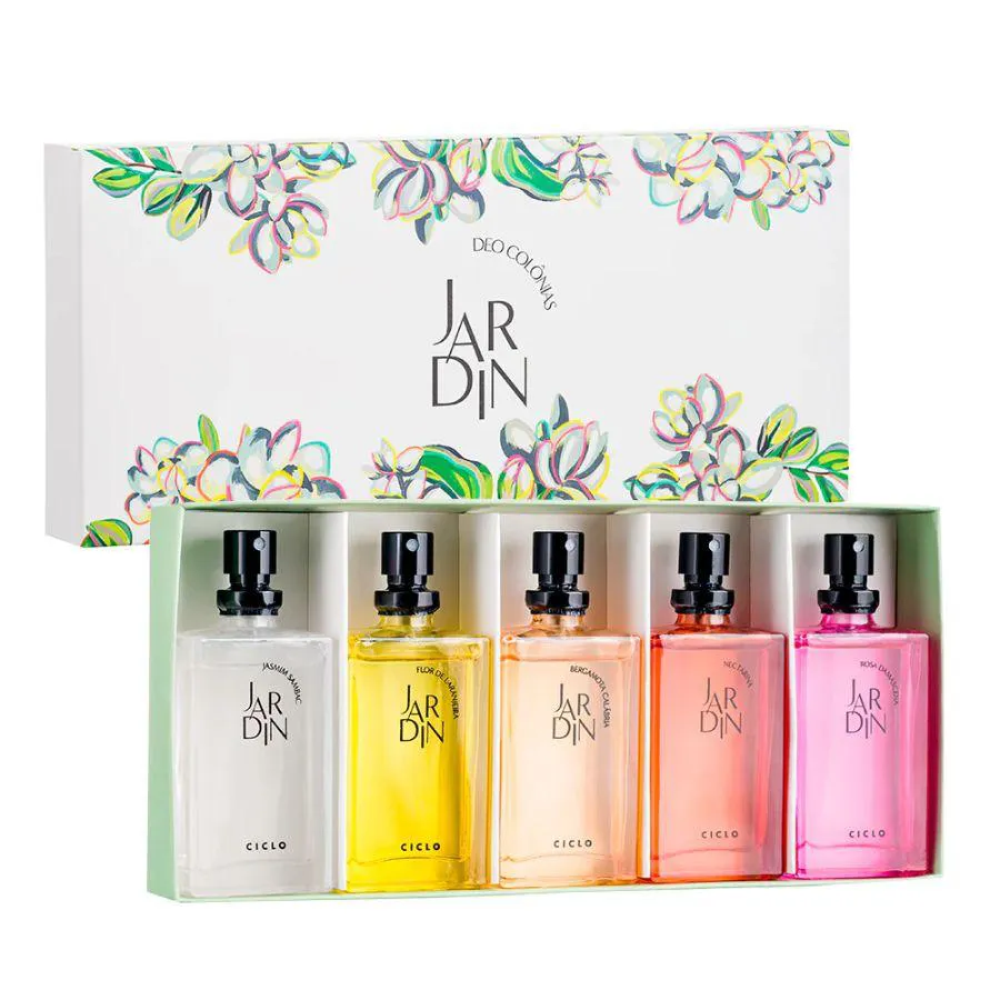 KIT 5 MINIATURAS JARDIN( BERGAMOTA CALáBRIA + ROSA DAMASCENA + NECTARINA + FLOR DE LARANJEIRA + JASMIM SAMBAC) 25ML CADA