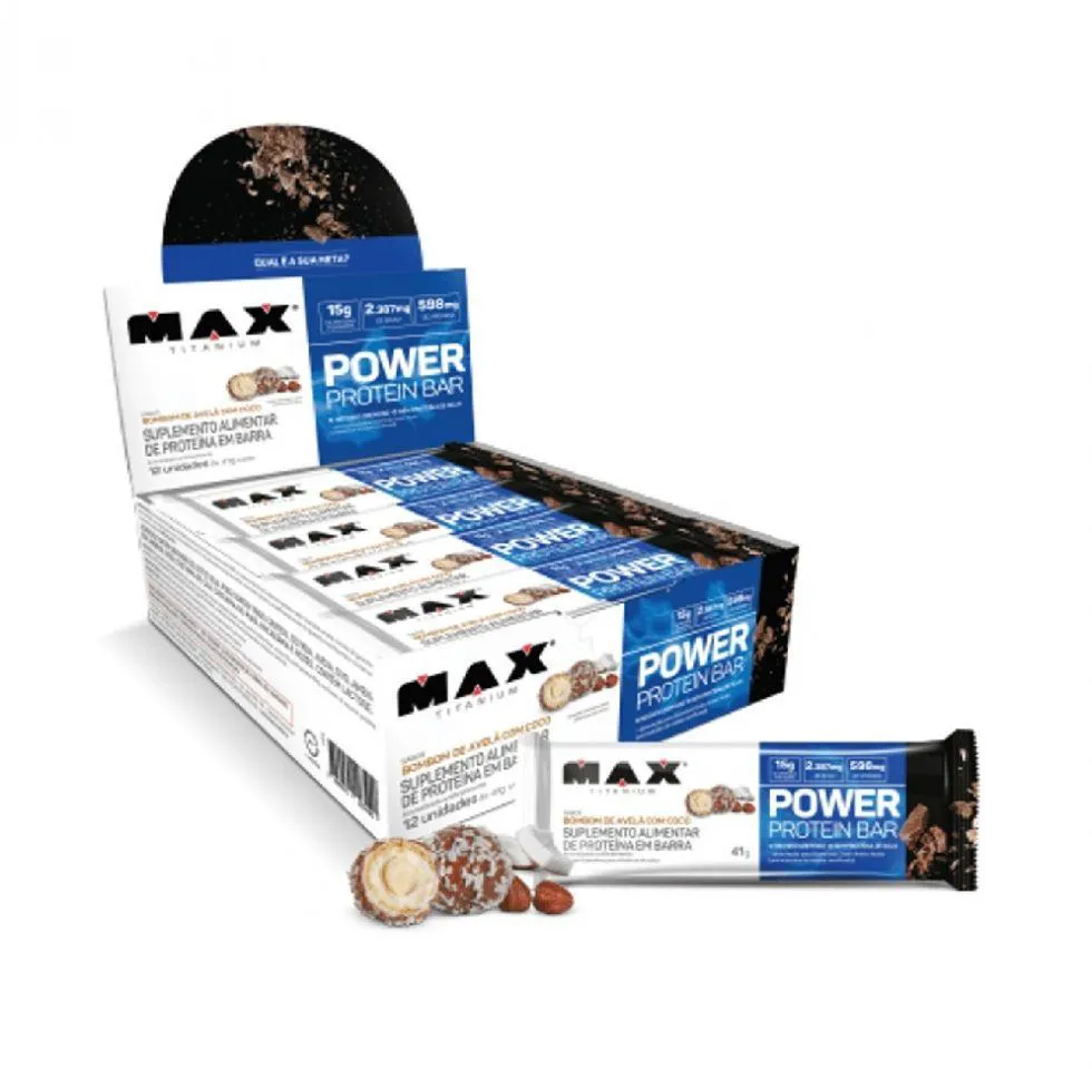 POWER PROTEIN BAR CAIXA COM 12 UNIDADES (492G) - SABOR: BOMBOM DE AVELã C/ COCO