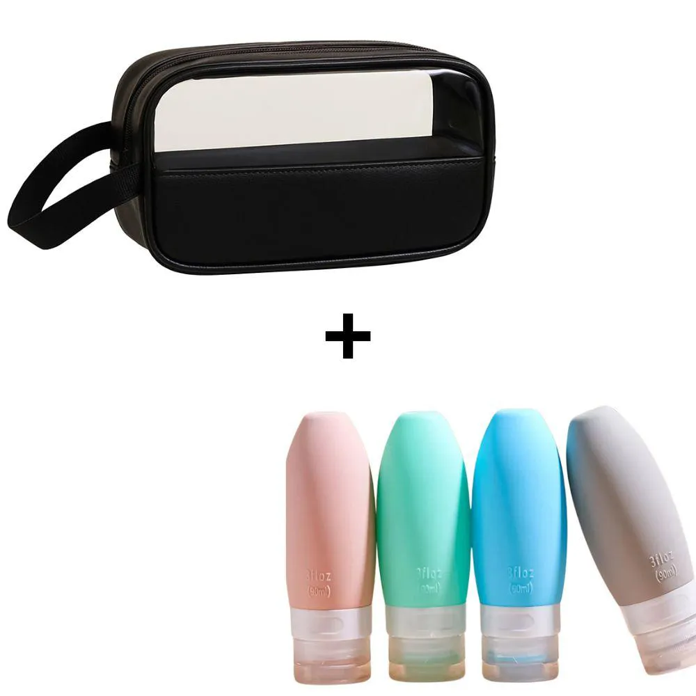 KIT VIAGEM 4 FRASCOS SILICONE PORTA CREME SHAMPOO 90ML + BOLSA NECESSAIRE ESTOJO ORGANIZADOR PARA COSMéTICOS
