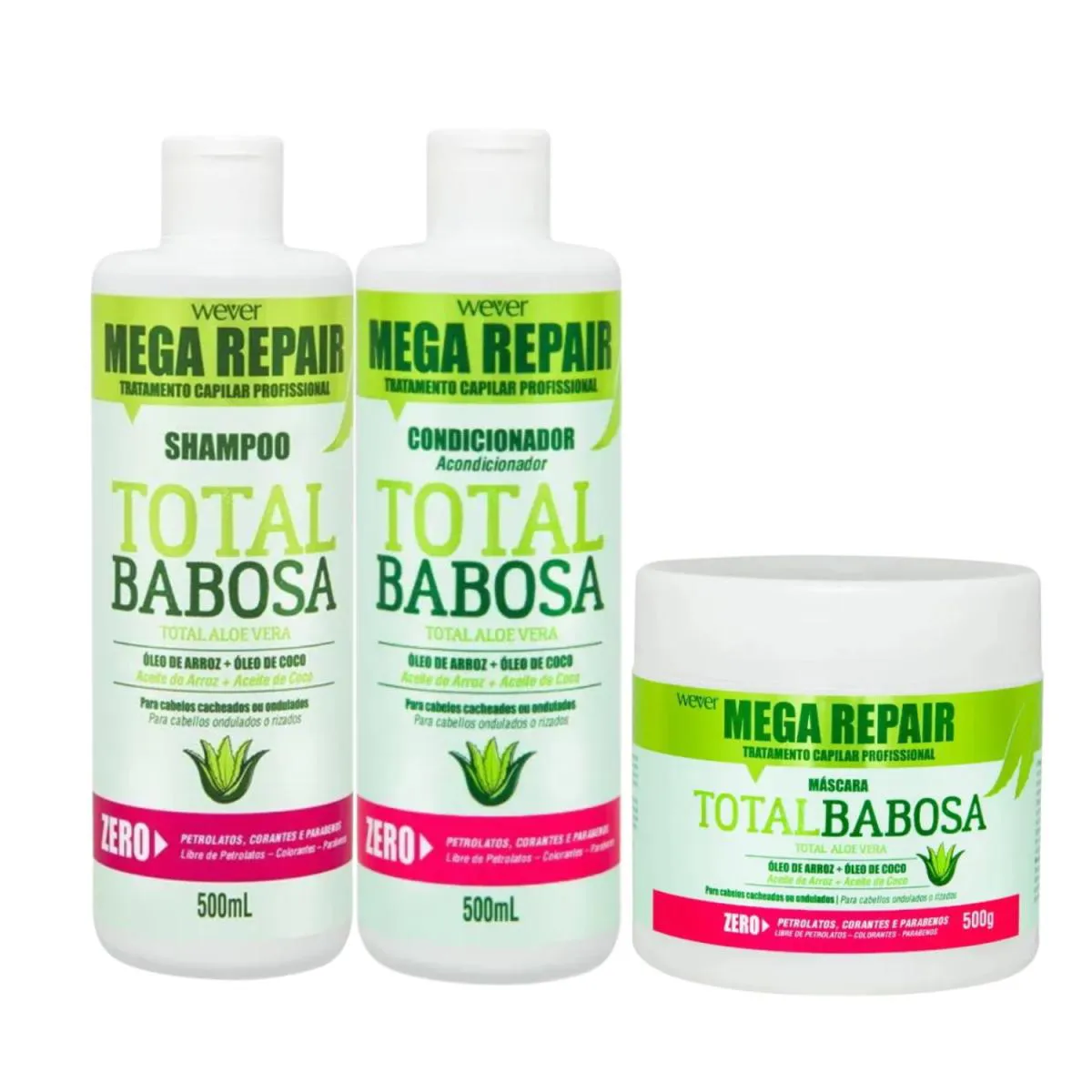 KIT SHAMP COND MASC BABOSA CABELOS CACHEADOS 500ML - WEVER