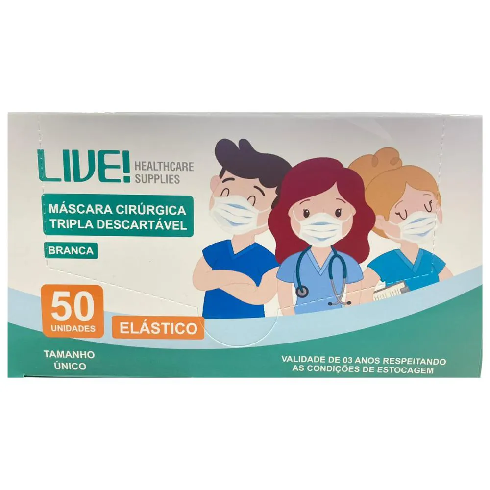 MáSCARA TRIPLA DESCARTáVEL BRANCA LIVE 50 UNIDADE