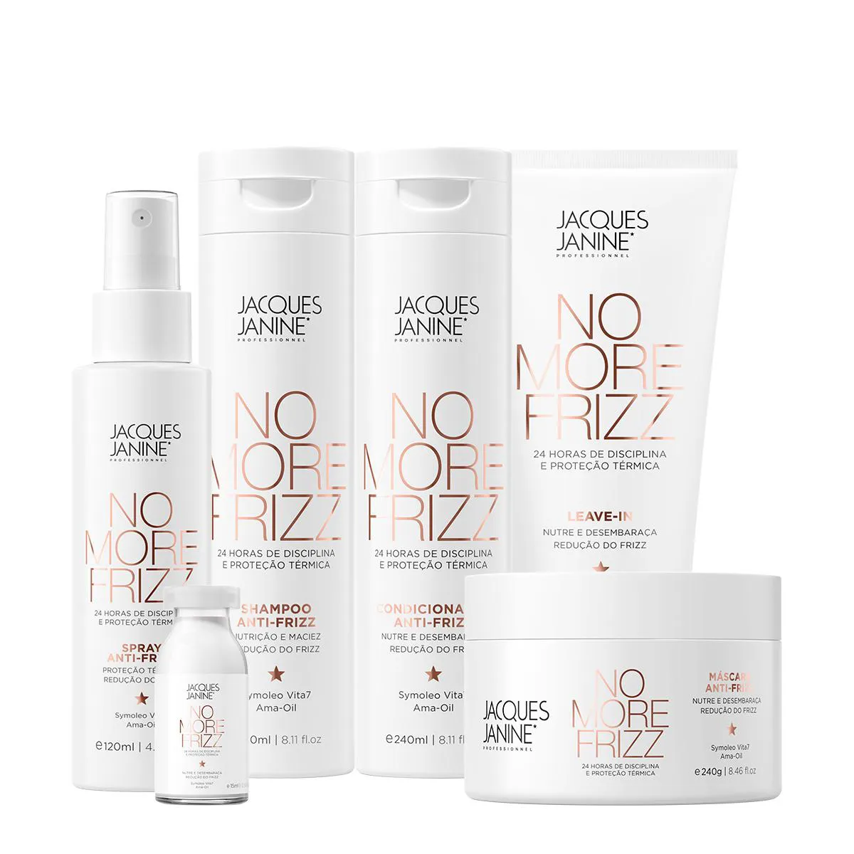 KIT JACQUES JANINE PROFESSIONNEL NO MORE FRIZZ SHAMPOO CONDICIONADOR MáSCARA SPRAY LEAVE-IN E AMPOLA (6 PRODUTOS)
