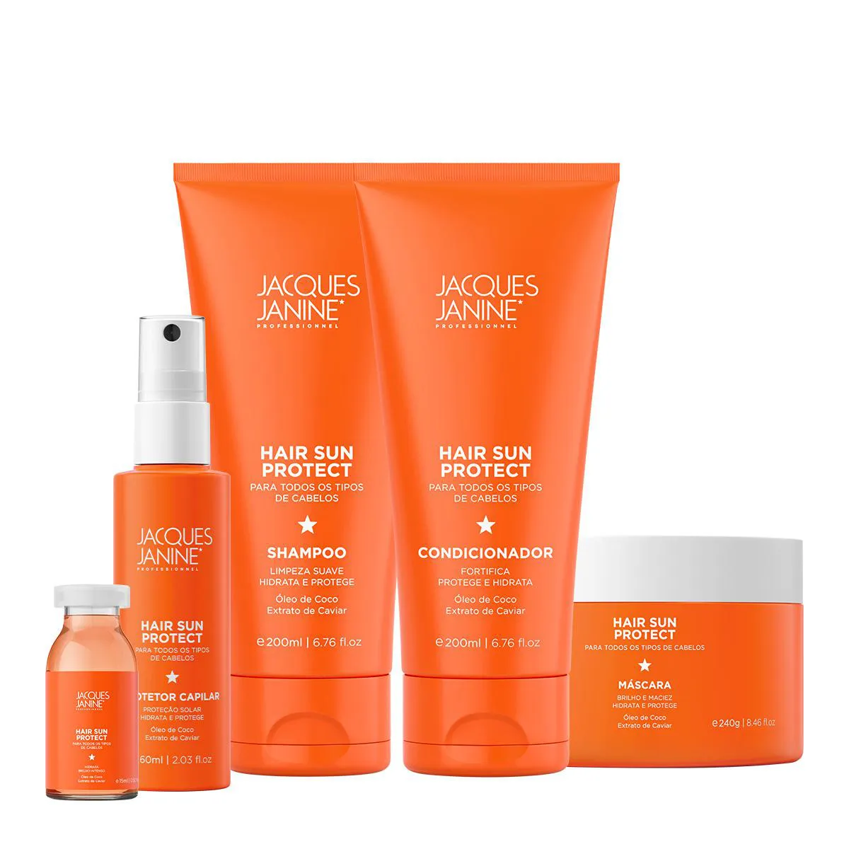 KIT JACQUES JANINE HAIR SUN PROTECT SHAMPOO CONDICIONADOR MáSCARA AMPOLA E SPRAY CAPILAR (5 PRODUTOS)