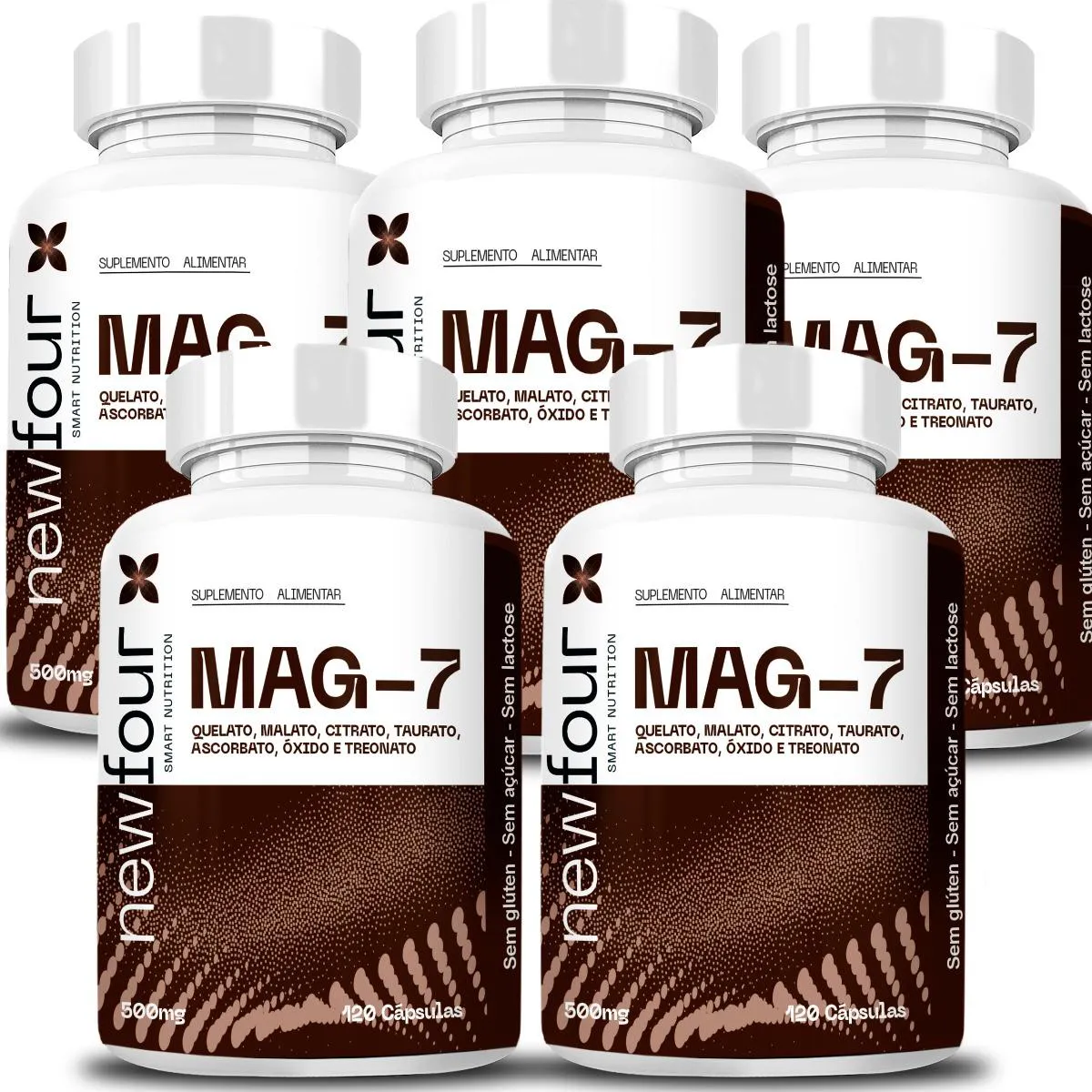MAG-7 QUELATO + MALATO+ CITRATO +TAURATO + ASCORBATO + OXIDO E TREONATO KIT COM 5 POTES COM TOTAL DE 600 CAPSULAS