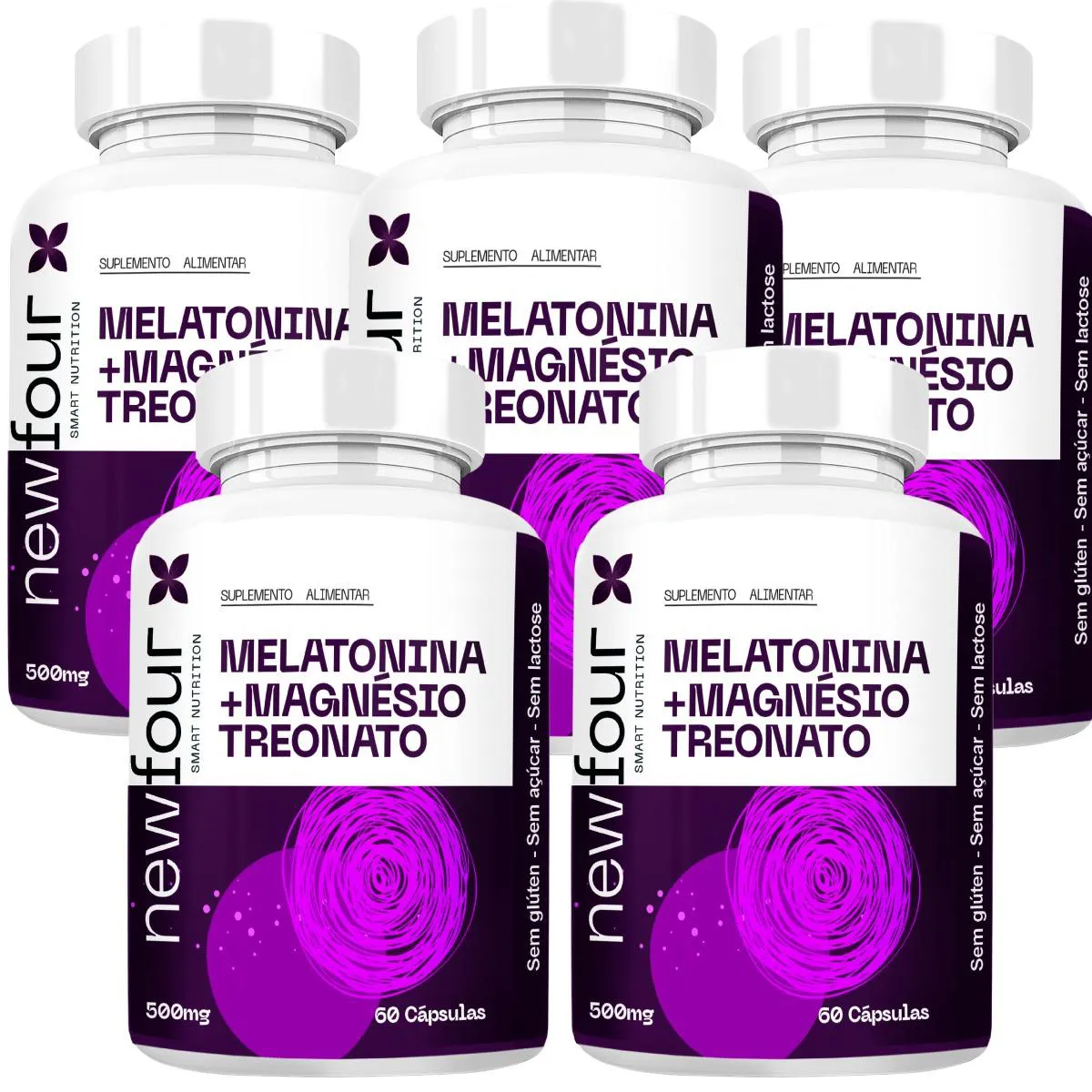 MELATONINA + MAGNÉSIO TREONATO KIT COM 5 POTES COM TOTAL DE 300 CAPSULAS POTE BRANCO
