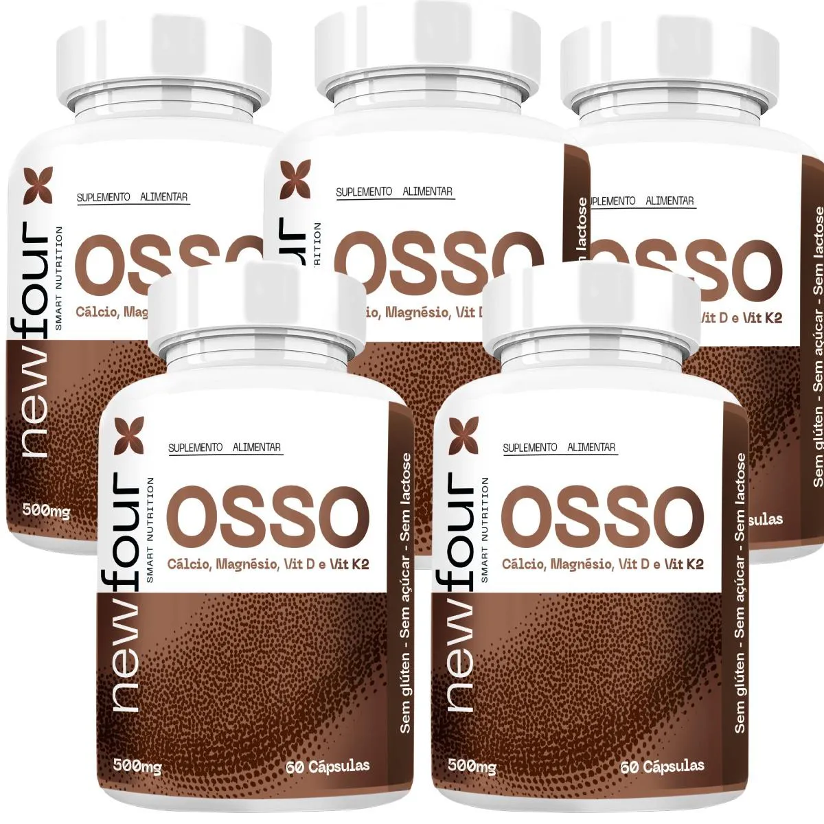 OSSO - CÁLCIO, MAGNÉSIO, VITAMINA D E VITAMINA K2 KIT COM 5 POTES COM TOTAL DE 300 CAPSULAS
