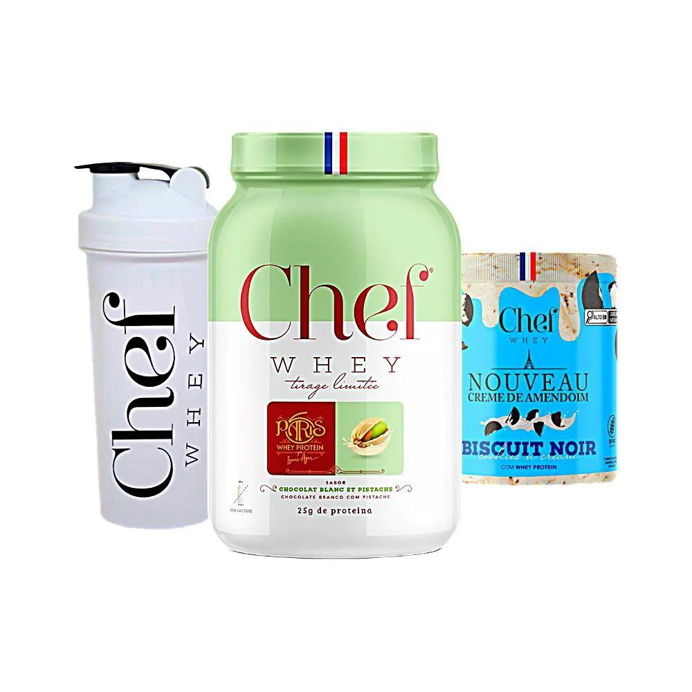 KIT CHEF WHEY 800G + CREME DE AMENDOIM 600G + COQUETELEIRA - CHEF WHEY Chocolate Branco C Pistache