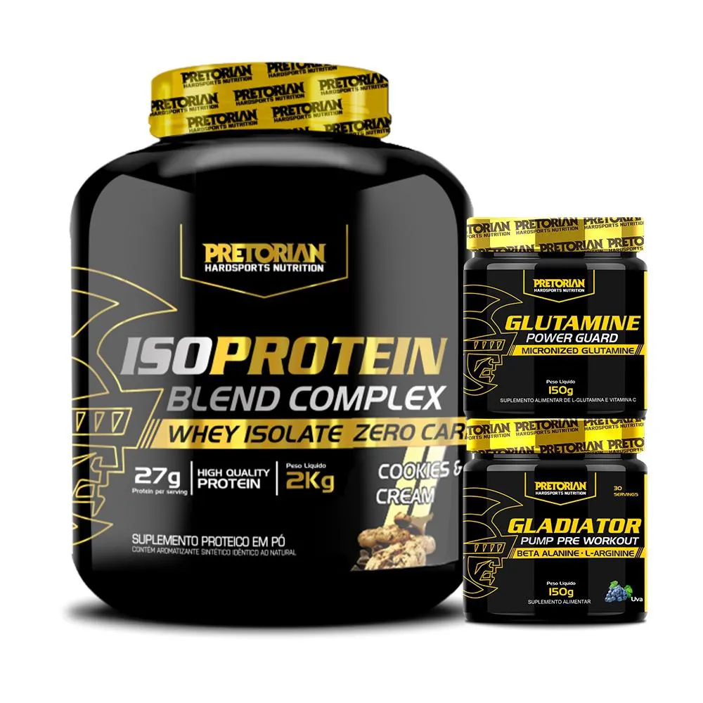 KIT WHEY ISO PROTEIN 2KG + GLUTAMINA 150G + GLADIATOR 150G - PRETORIAN Cookies AND Cream