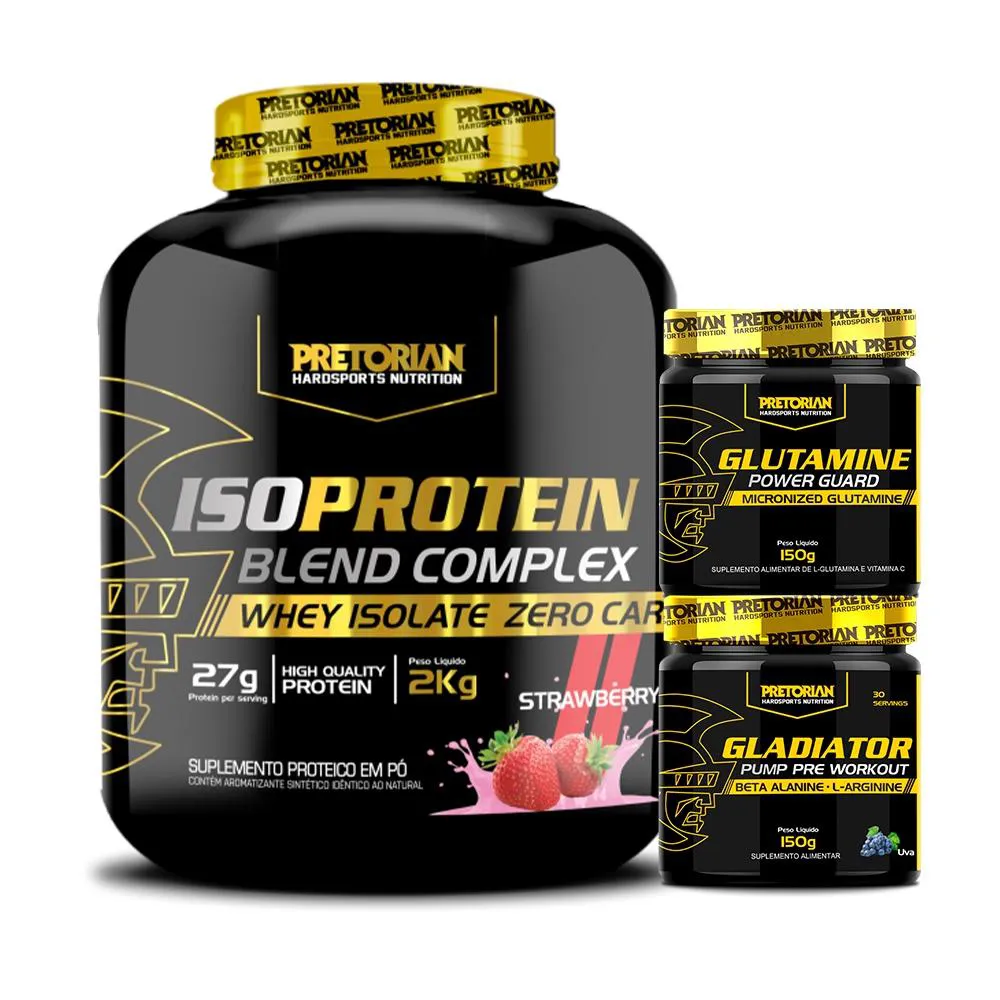 KIT WHEY ISO PROTEIN 2KG + GLUTAMINA 150G + GLADIATOR 150G - PRETORIAN Morango