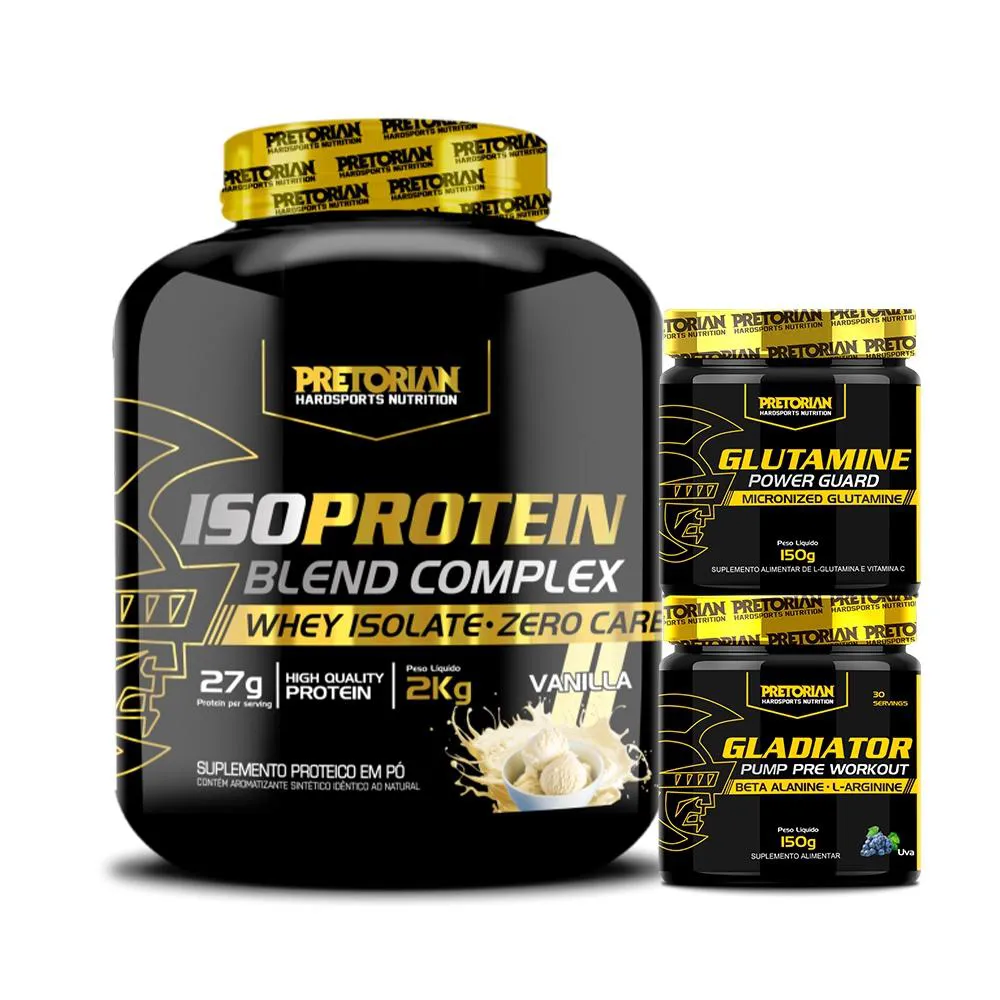 KIT WHEY ISO PROTEIN 2KG + GLUTAMINA 150G + GLADIATOR 150G - PRETORIAN Baunilha