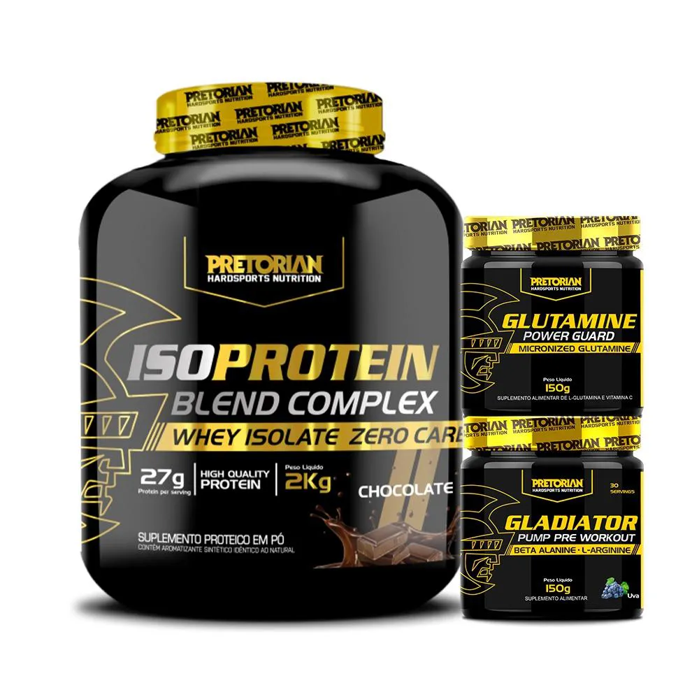 KIT WHEY ISO PROTEIN 2KG + GLUTAMINA 150G + GLADIATOR 150G - PRETORIAN Chocolate