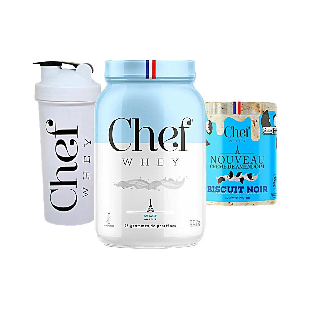 KIT CHEF WHEY 800G + CREME DE AMENDOIM 600G + COQUETELEIRA - CHEF WHEY AO Leite