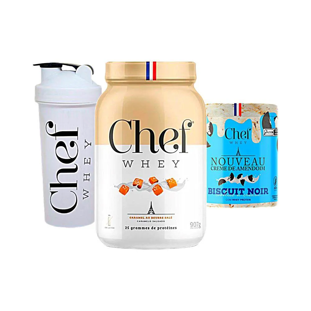 KIT CHEF WHEY 800G + CREME DE AMENDOIM 600G + COQUETELEIRA - CHEF WHEY Caramelo Salgado
