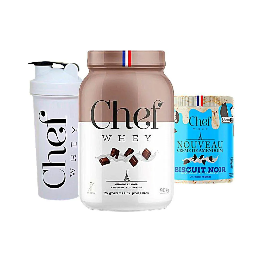 KIT CHEF WHEY 800G + CREME DE AMENDOIM 600G + COQUETELEIRA - CHEF WHEY Chocolate Amargo