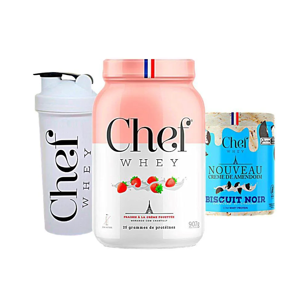 KIT CHEF WHEY 800G + CREME DE AMENDOIM 600G + COQUETELEIRA - CHEF WHEY Morango C Chantilly
