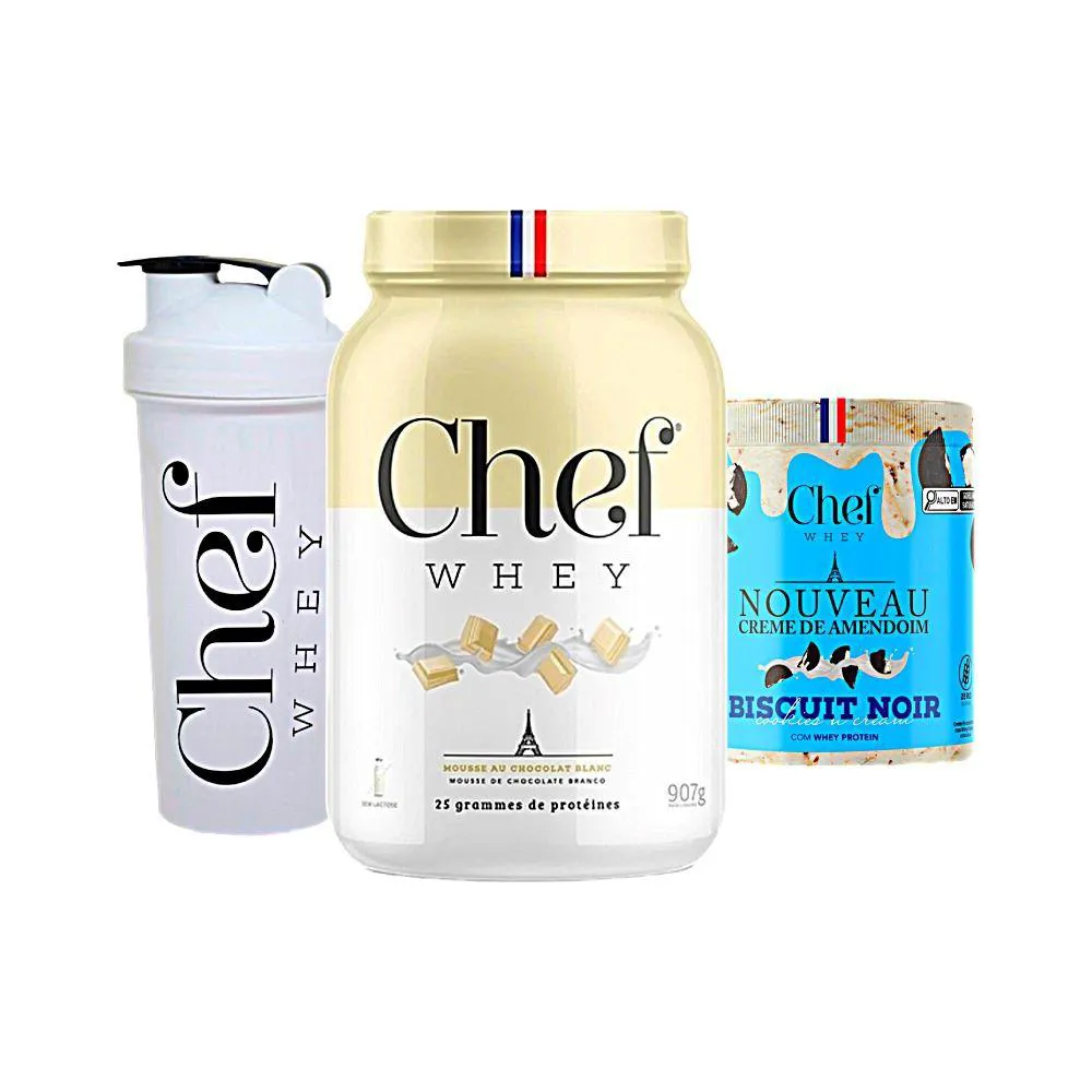 KIT CHEF WHEY 800G + CREME DE AMENDOIM 600G + COQUETELEIRA - CHEF WHEY Mousse DE Chocolate Branco