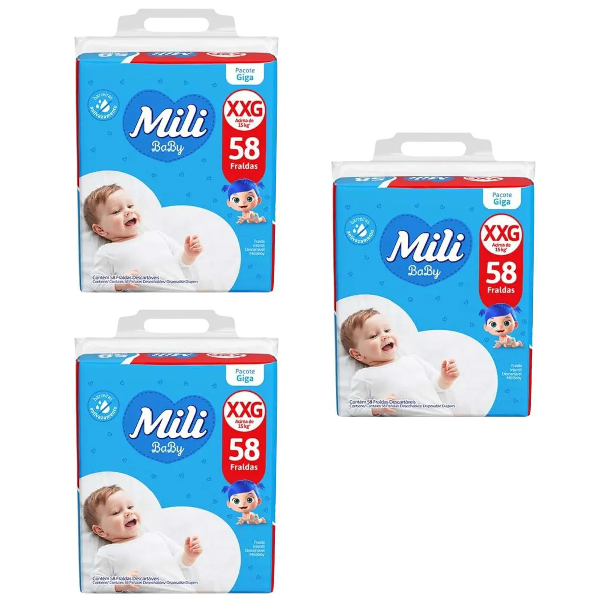 KIT C3 FRALDA BABY GIGA XXG 58 UNIDADES - MILI