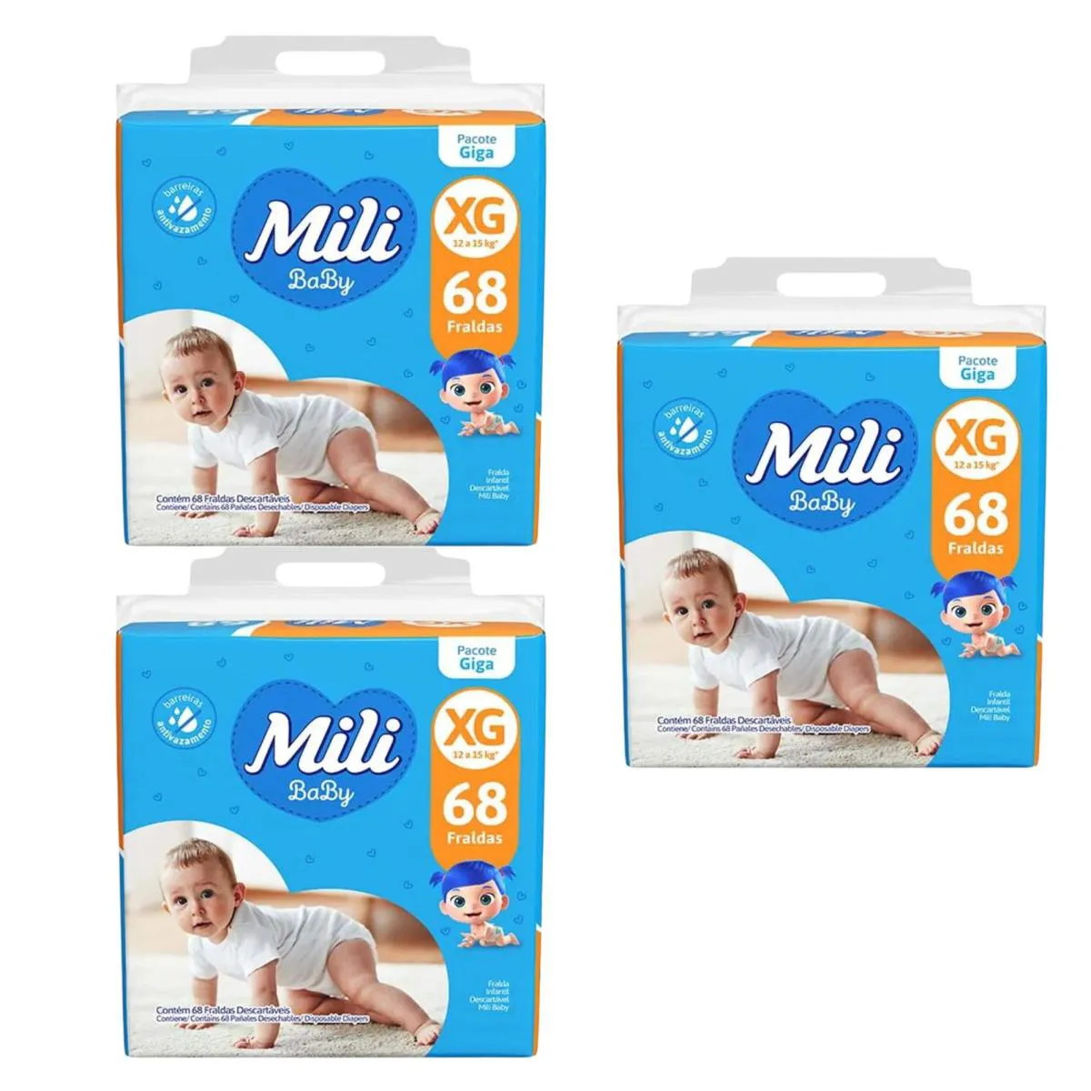 KIT C3 FRALDA BABY GIGA XG 68 UNIDADES - MILI