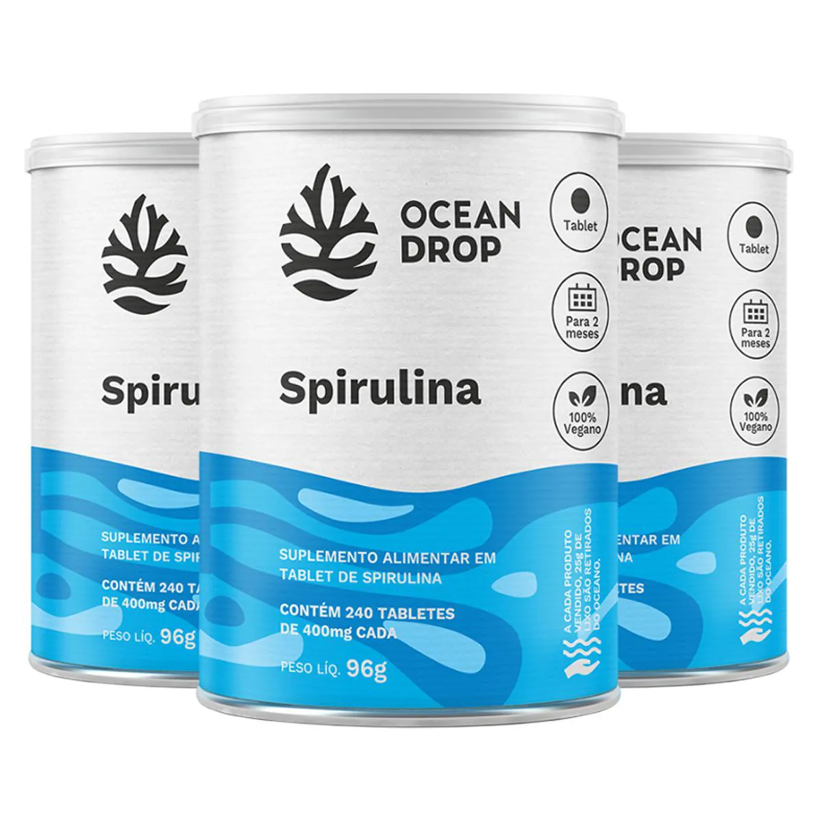 KIT 3 SPIRULINA OCEAN DROP VEGANA 240 TABLETES