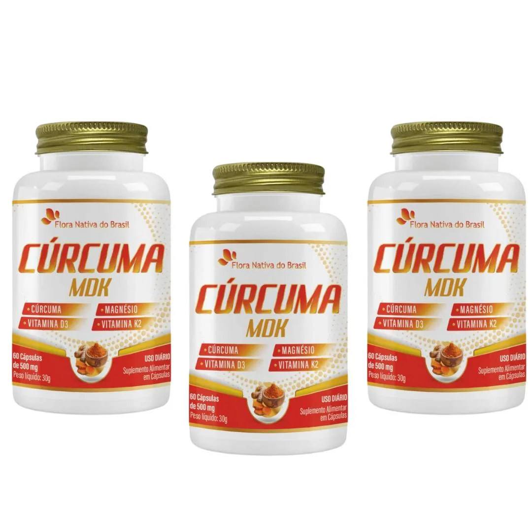 KIT 3X CúRCUMA MDK (MAGNéSIO, VITAMINA D3 E K2) 60 CáPSULAS FLORA NATIVA