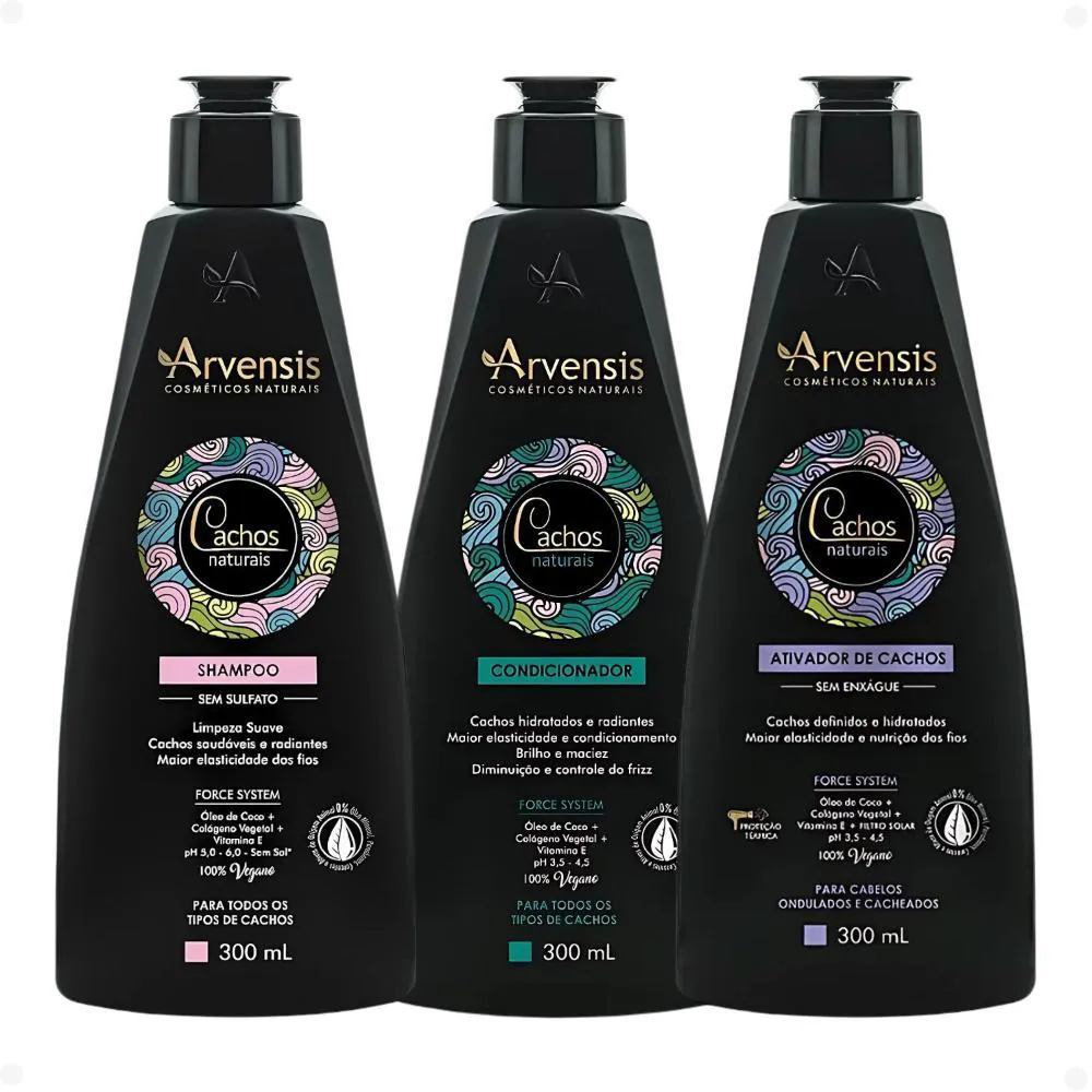 KIT ARVENSIS CACHOS NATURAIS CABELOS ONDULADOS E CACHEADOS: SHAMPOO, CONDICIONADOR E ATIVADOR DE CACHOS 300ML