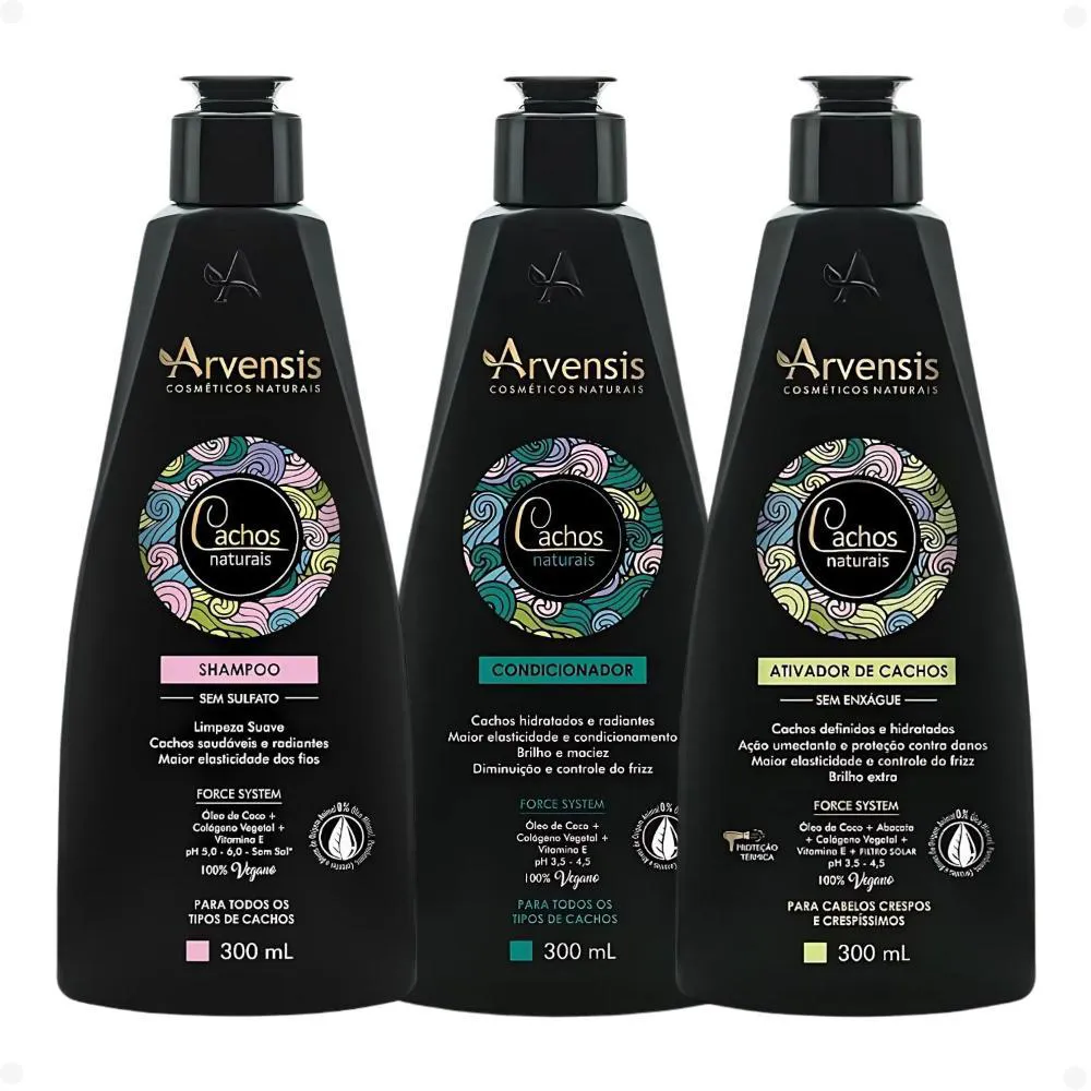 KIT ARVENSIS CACHOS NATURAIS CABELOS CRESPOS E CRESPíSSIMOS: SHAMPOO, CONDICIONADOR E ATIVADOR DE CACHOS 300ML