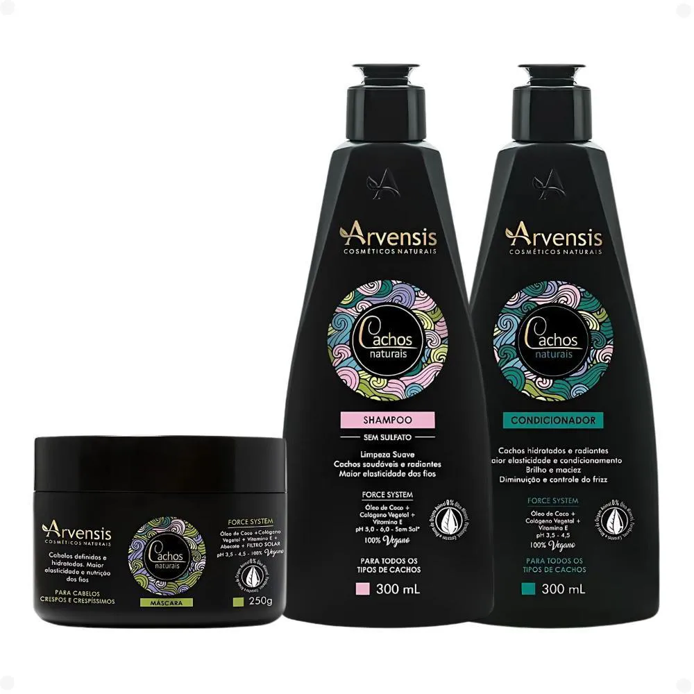 KIT ARVENSIS CACHOS NATURAIS CABELOS CRESPOS E CRESPíSSIMOS: SHAMPOO 300ML, CONDICIONADOR 300ML E MáSCARA 250G