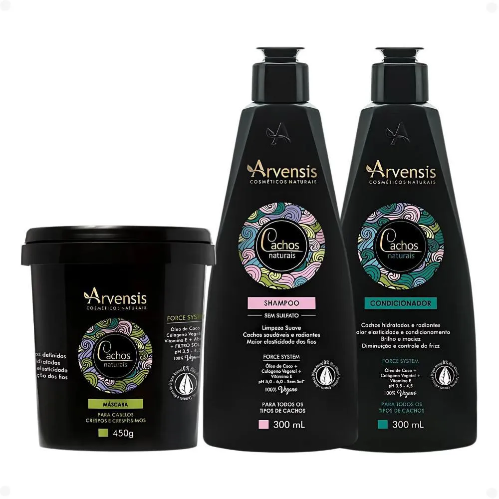 KIT ARVENSIS CACHOS NATURAIS CABELOS CRESPOS E CRESPíSSIMOS: SHAMPOO 300ML, CONDICIONADOR 300ML E MáSCARA 450G