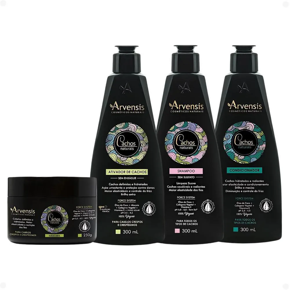 KIT ARVENSIS CACHOS NATURAIS CABELOS CRESPOS E CRESPíSSIMOS: SHAMPOO 300ML, CONDICIONADOR 300ML, MáSCARA 250G E ATIVADOR DE CACHOS 300ML