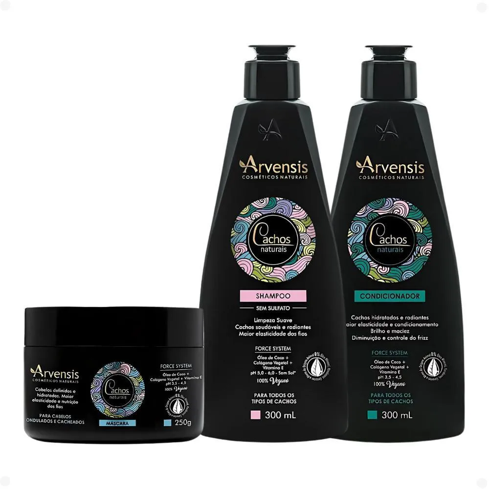 KIT ARVENSIS CACHOS NATURAIS CABELOS ONDULADOS E CACHEADOS: SHAMPOO 300ML, CONDICIONADOR 300ML E MáSCARA 250G