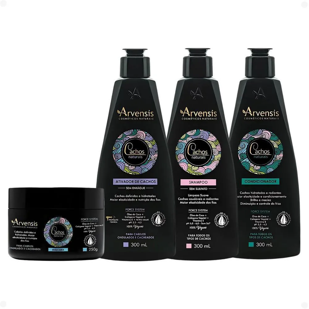 KIT ARVENSIS CACHOS NATURAIS CABELOS ONDULADOS E CACHEADOS: SHAMPOO 300ML, CONDICIONADOR 300ML, MáSCARA 250G E ATIVADOR DE CACHOS 300ML
