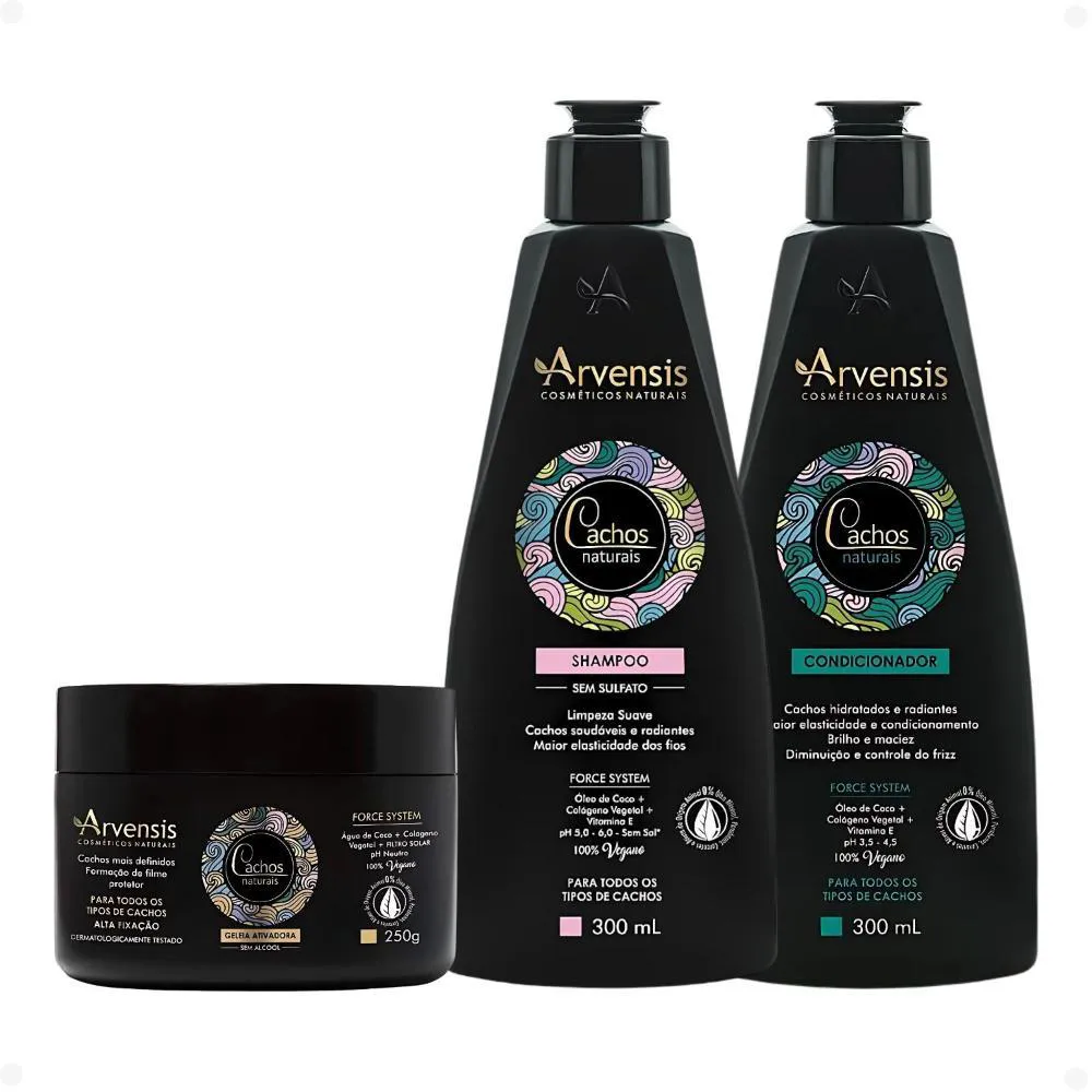 KIT ARVENSIS CACHOS NATURAIS: SHAMPOO 300ML, CONDICIONADOR 300ML E GELEIA ATIVADORA 250G