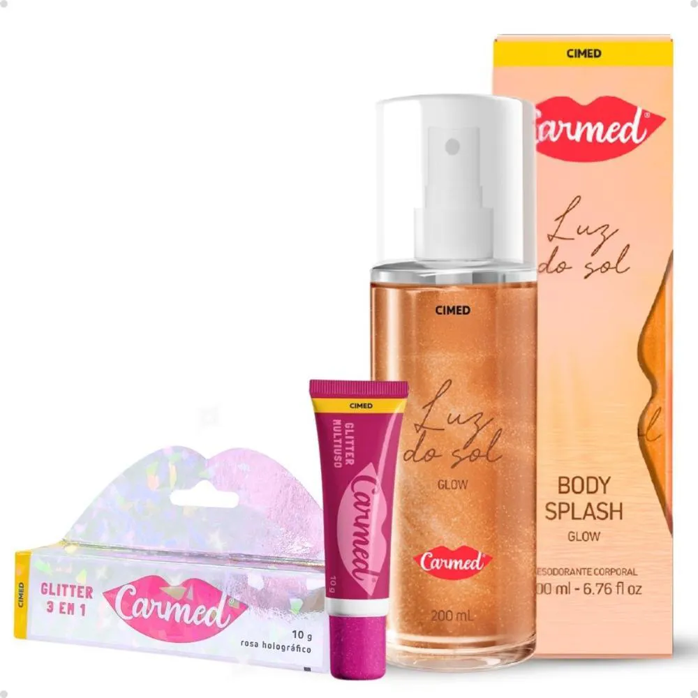 KIT CARMED: 01 BODY SPLASH LUZ DO SOL 200ML E 01 HIDRATANTE LABIAL GLITTER 3 EM 1