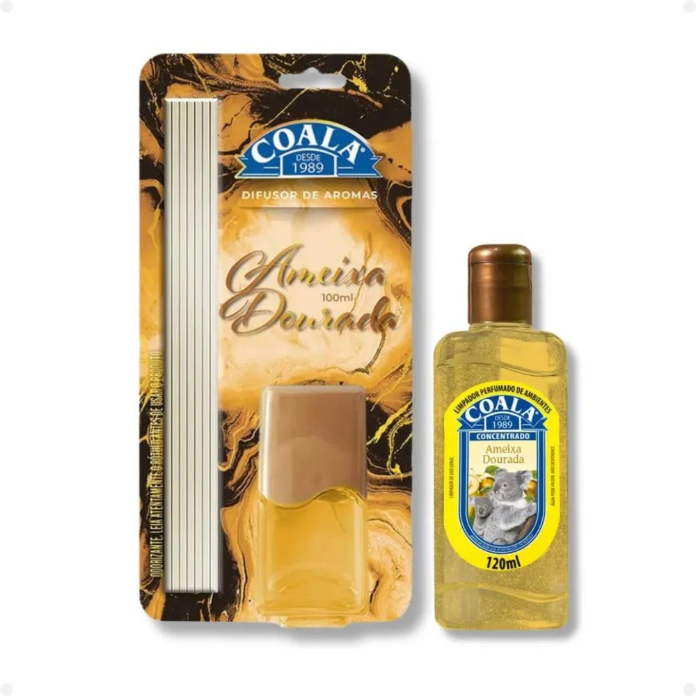 KIT COALA AMEIXA DOURADA: DIFUSOR DE AROMAS 100ML E LIMPADOR PERFUMADO 120ML
