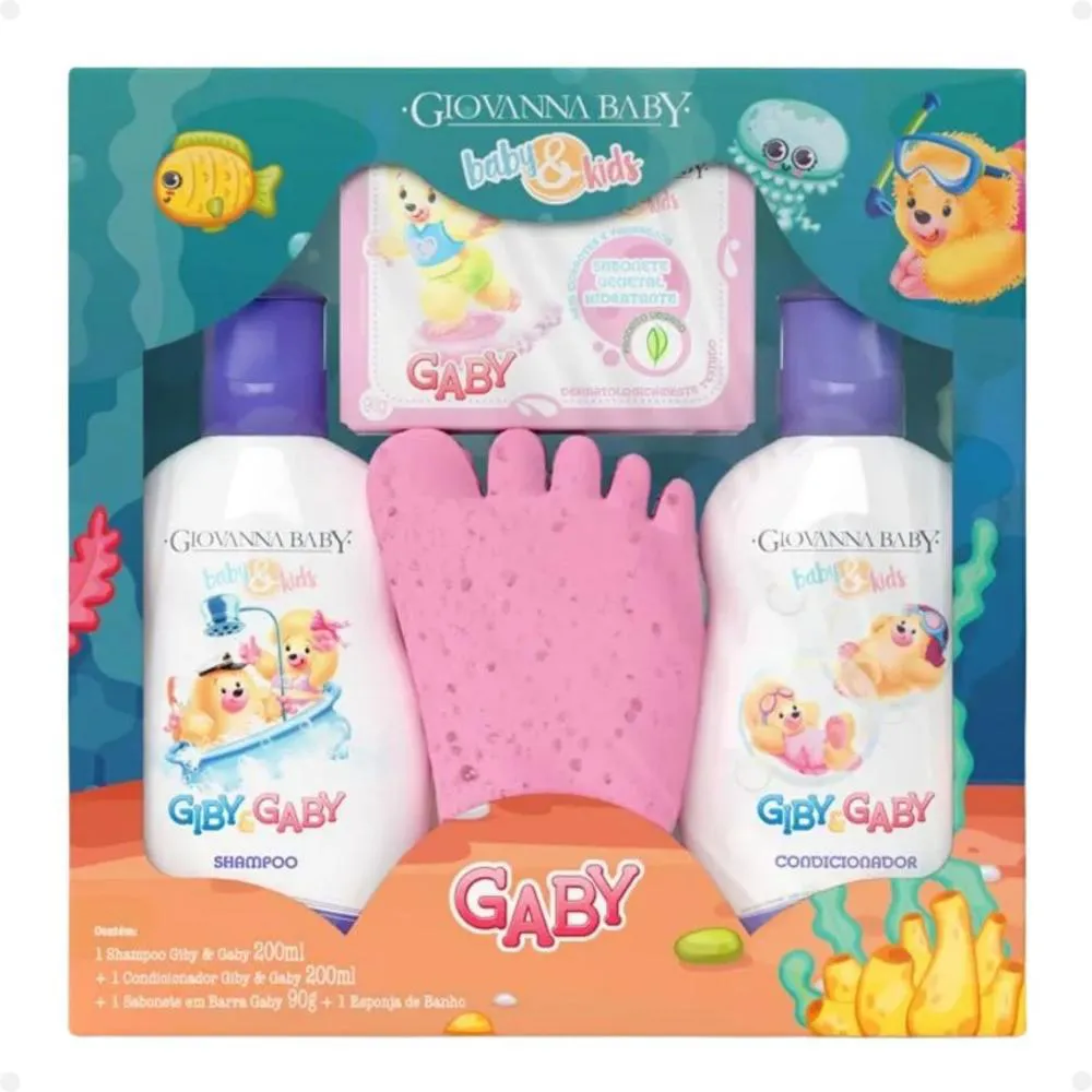 KIT GIOVANNA BABY E KIDS HORA DO BANHO GABY: SHAMPOO, CONDICIONADOR, SABONETE EM BARRA E ESPONJA DE BANHO