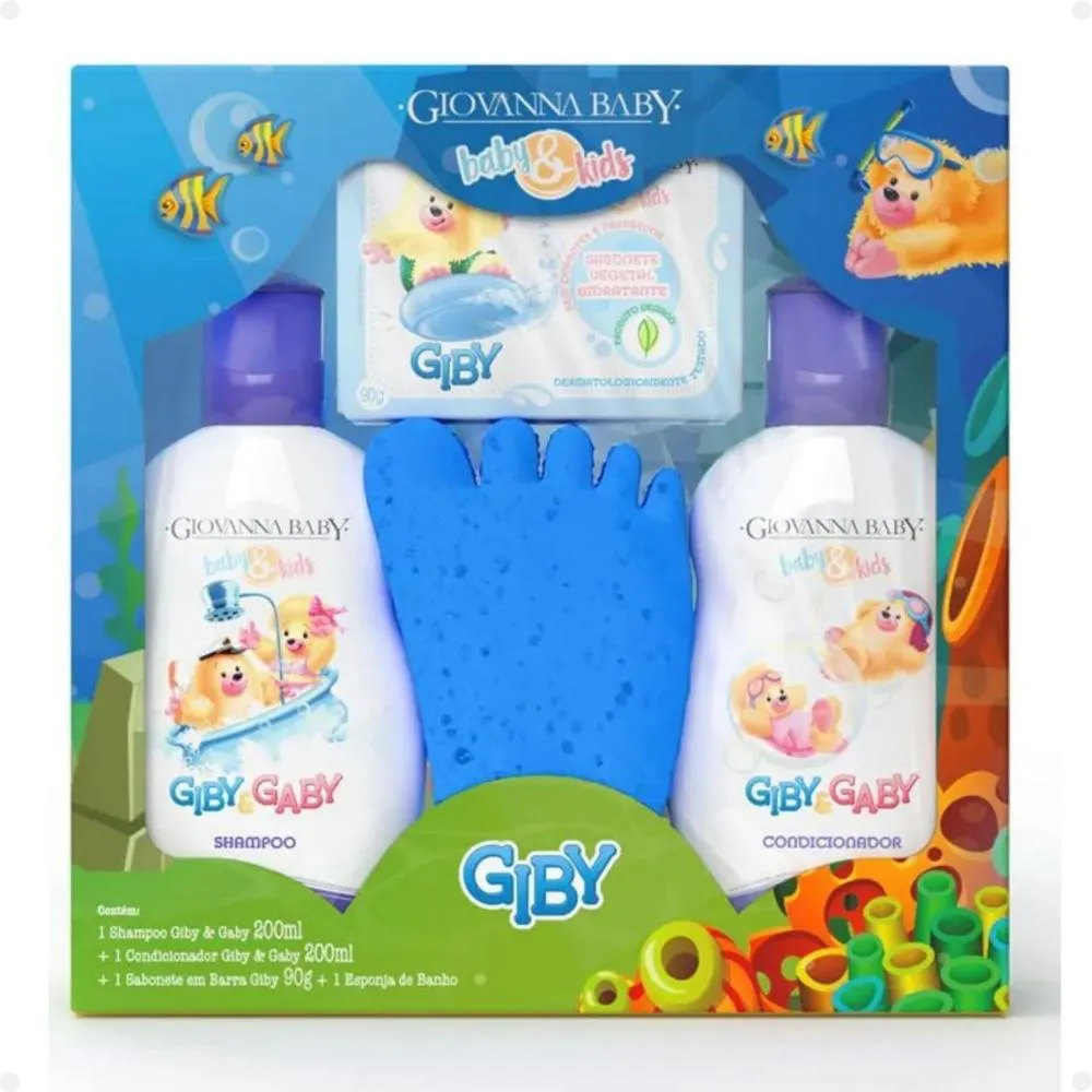 KIT GIOVANNA BABY E KIDS HORA DO BANHO GIBY: SHAMPOO, CONDICIONADOR, SABONETE EM BARRA E ESPONJA DE BANHO