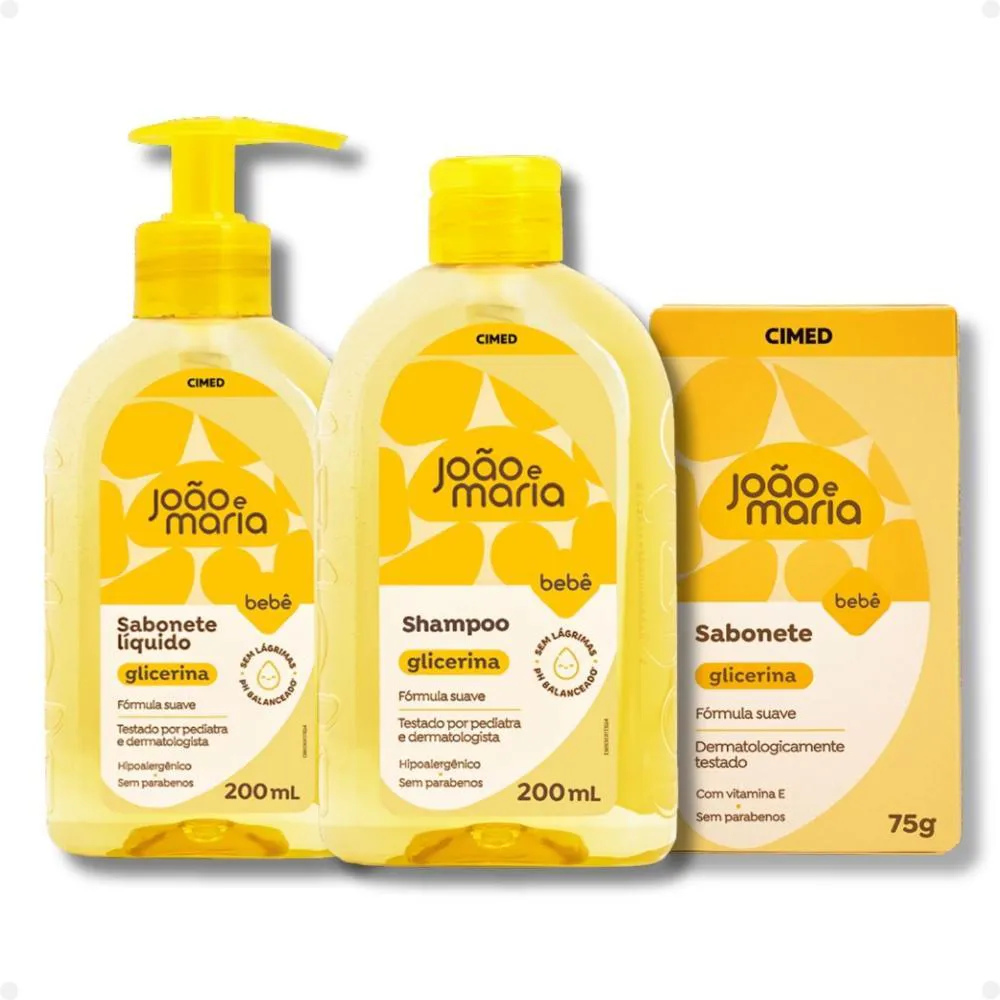KIT JOãO E MARIA CIMED GLICERINA: SABONETE LIQUíDO 200ML, SHAMPOO 200ML E SABONETE EM BARRA 75G
