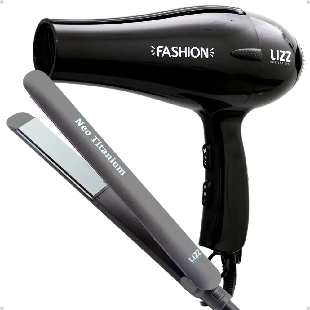KIT LIZZ: SECADOR FASHION PRETO 2200W 220V E PRANCHA NEO TITANIUM CINZA 230°C BIVOLT