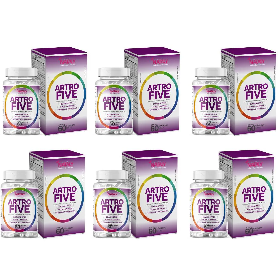 KIT COM 6 - ARTROFIVE COLáGENO TIPO 2 + MAGNéSIO E VITAMINAS 60 CAPSULAS DE 500MG NATALY