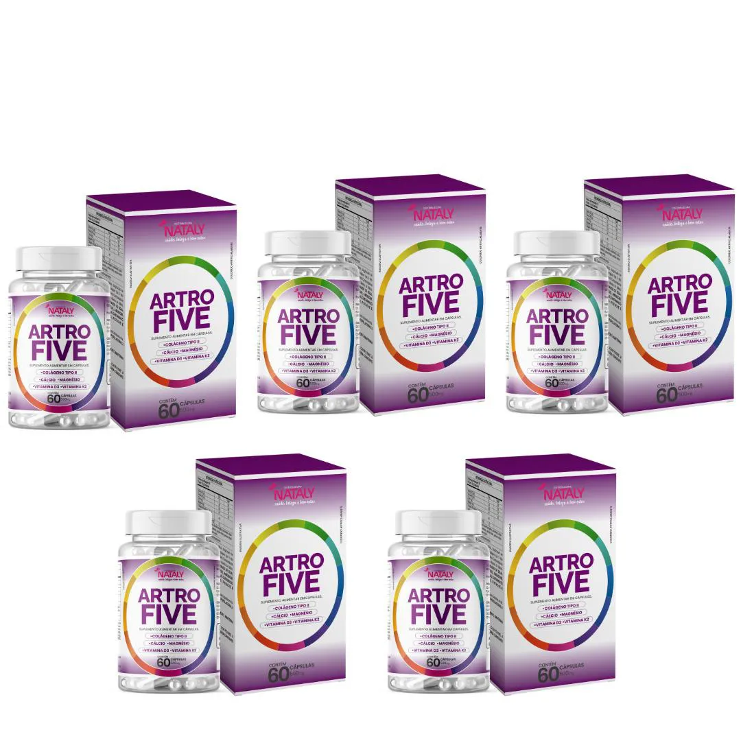 KIT COM 5 - ARTROFIVE COLáGENO TIPO II + MAGNéSIO E VITAMINAS 60 CAPSULAS DE 500MG NATALY